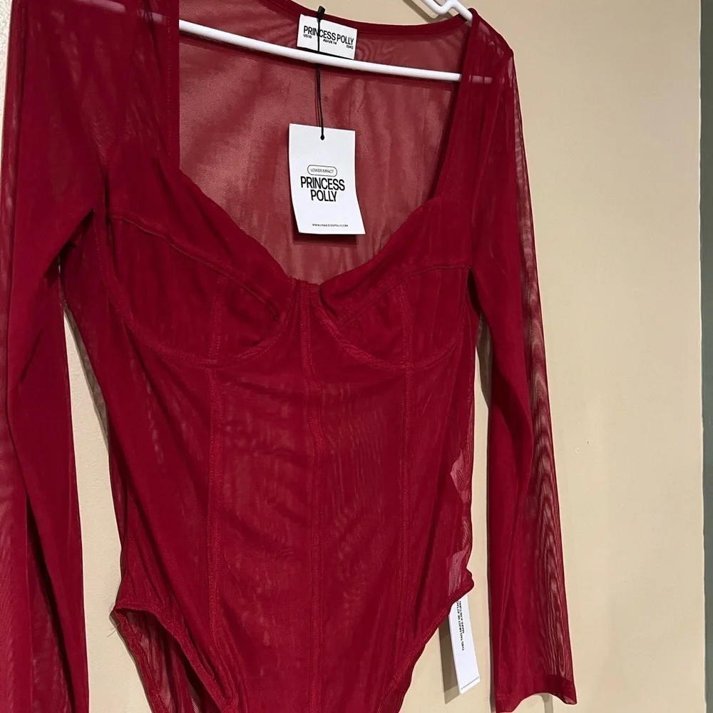 Princess Polly Leonie Mesh Bodysuit Burgundy Sz US 10Sheer Underwire Long Sleeve - Picture 6 of 13